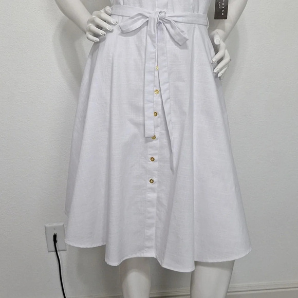 Sharagano NEW Optic White Preppy Coastal Tie Waist Button Front Midi Dress Sz. 6 - Picture 5 of 13